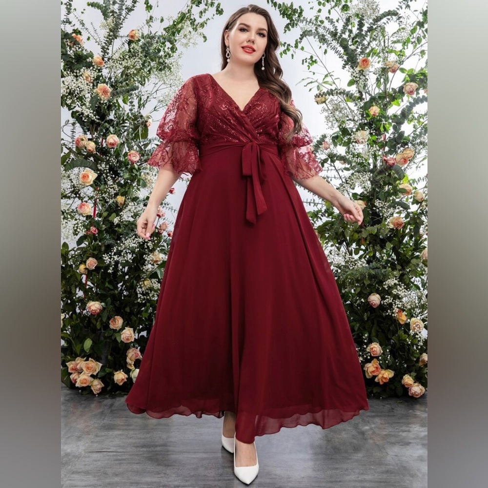 Plus Embroidery Mesh Flounce Sleeve Belted Chiffon Maxi Dress